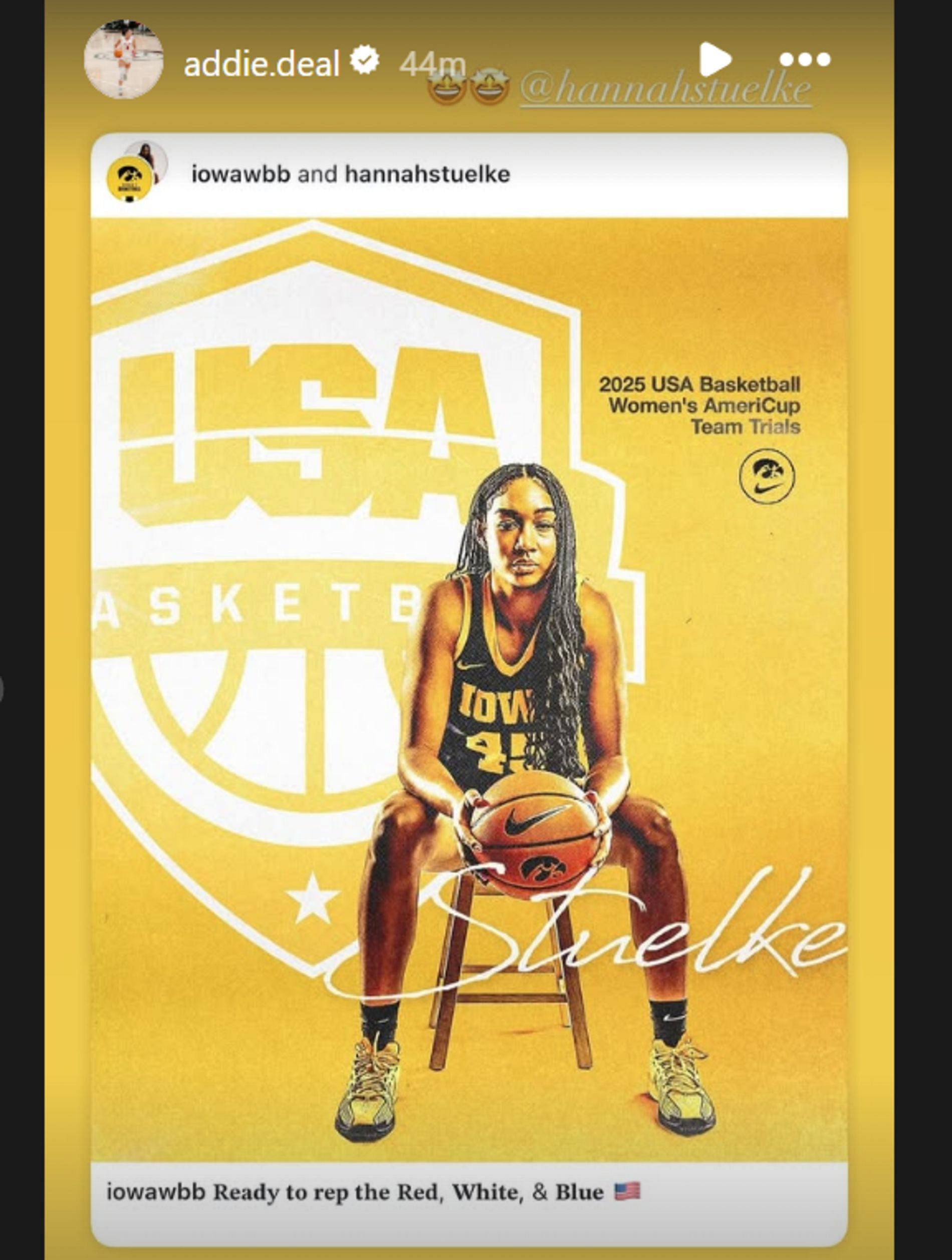 Addie Deal shares Iowa teammate Hannah Stuelke being selected for the USA Basketball Team Trials (source: IG/ addie.deal)